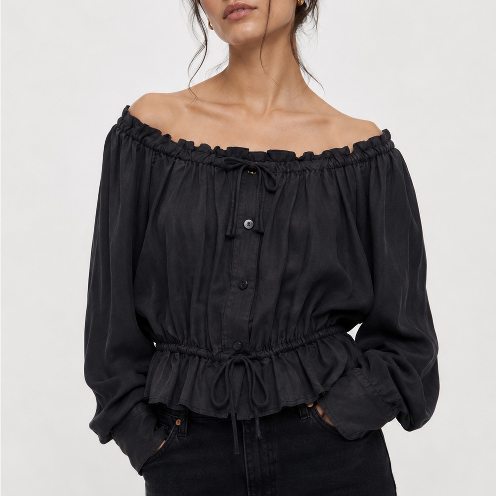 Zara Black Off-Shoulder Peasant Blouse Sz S
